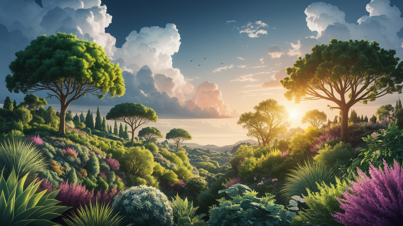 A conceptual illustration representing The CO2 Fertilization Effect. Visualize the main ideas: . Creative but clear representation of the concept. Style: photorealistic. high quality, detailed, professional, clean composition, good lighting, sharp focus, well-composed. high quality, professional, detailed, well-composed