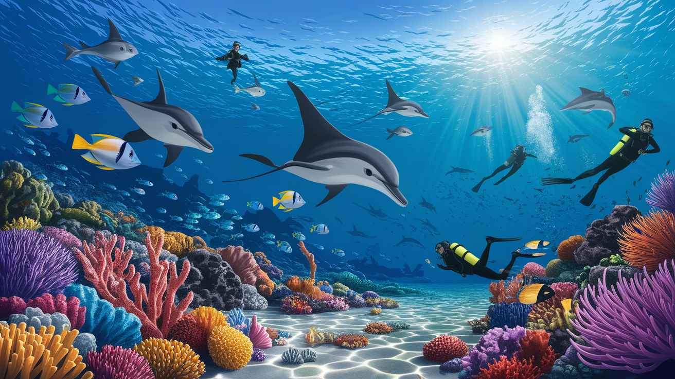 A conceptual illustration representing Dive into Water Adventures. Visualize the main ideas: . Creative but clear representation of the concept. Style: photorealistic. high quality, detailed, professional, clean composition, good lighting, sharp focus, well-composed. high quality, professional, detailed, well-composed, no words