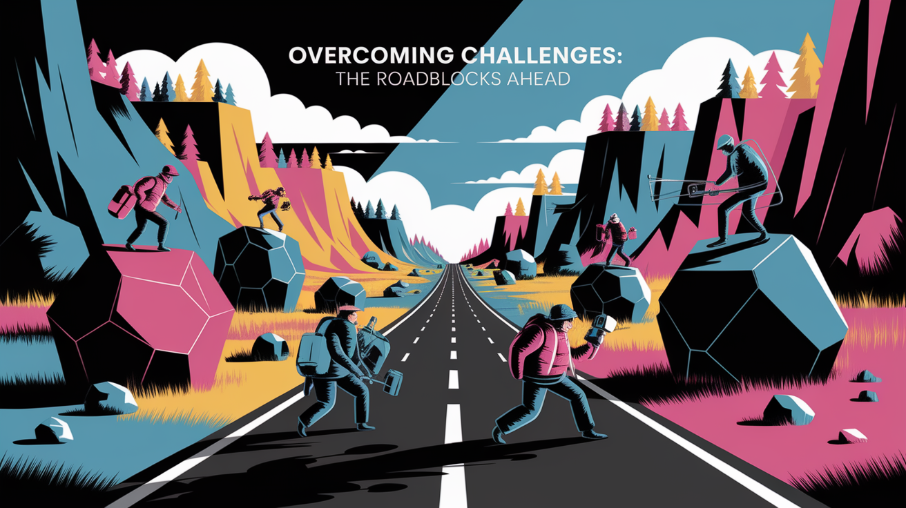 A conceptual illustration representing Overcoming Challenges: The Roadblocks Ahead. Visualize the main ideas: . Creative but clear representation of the concept. Style: Visual Theme: Clean, modern aesthetic with high contrast and vibrant energy. Emphasize the intersect. high quality, detailed, professional, clean composition, good lighting, sharp focus, well-composed. high quality, professional, detailed, well-composed