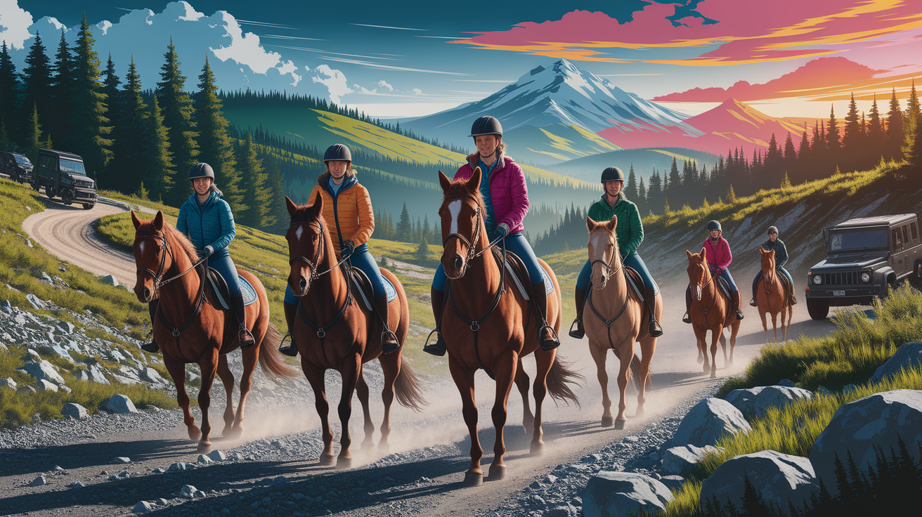 A conceptual illustration representing Off-Road and Equestrian Excursions. Visualize the main ideas: . Creative but clear representation of the concept. Style: photorealistic. high quality, detailed, professional, clean composition, good lighting, sharp focus, well-composed. high quality, professional, detailed, well-composed, no words