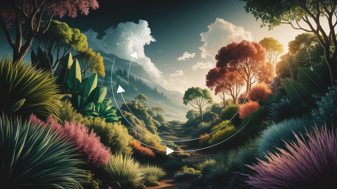 A conceptual illustration representing Vegetation Feedbacks and Climate. Visualize the main ideas: . Creative but clear representation of the concept. Style: photorealistic. high quality, detailed, professional, clean composition, good lighting, sharp focus, well-composed. high quality, professional, detailed, well-composed