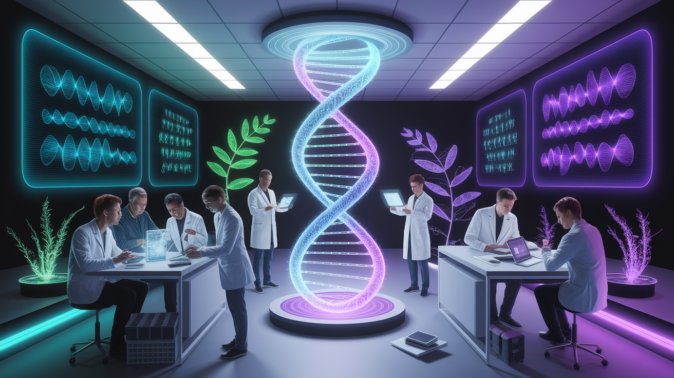 A conceptual illustration representing Genetic Engineering and Future Prospects. Visualize the main ideas: . Creative but clear representation of the concept. Style: photorealistic. high quality, detailed, professional, clean composition, good lighting, sharp focus, well-composed. high quality, professional, detailed, well-composed