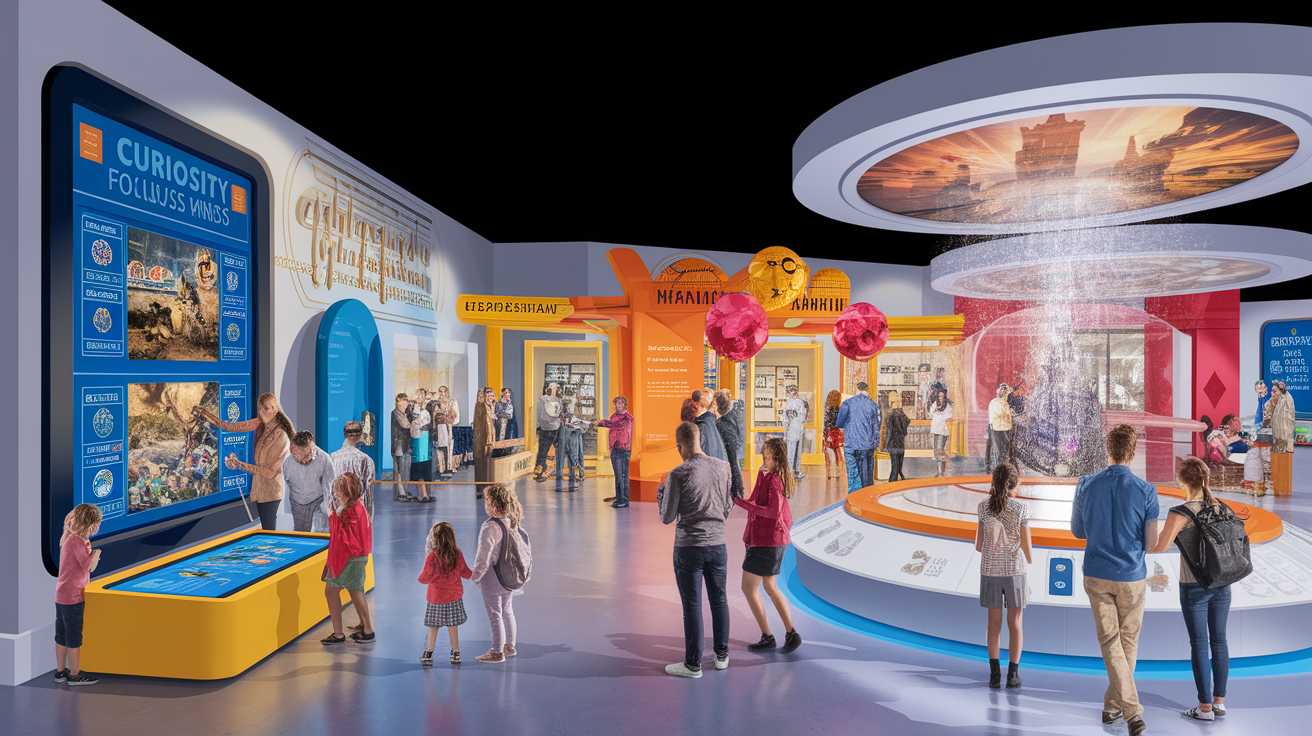 A conceptual illustration representing Interactive Museums for Curious Minds. Visualize the main ideas: . Creative but clear representation of the concept. Style: photorealistic. high quality, detailed, professional, clean composition, good lighting, sharp focus, well-composed. high quality, professional, detailed, well-composed, no words