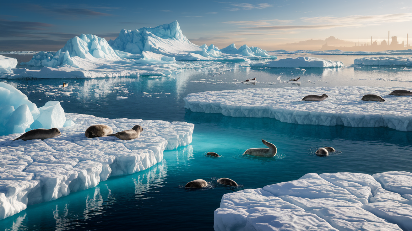 A conceptual illustration representing The Ecological Importance of Floating Ice. Visualize the main ideas: . Creative but clear representation of the concept. Style: photorealistic. high quality, detailed, professional, clean composition, good lighting, sharp focus, well-composed. high quality, professional, detailed, well-composed