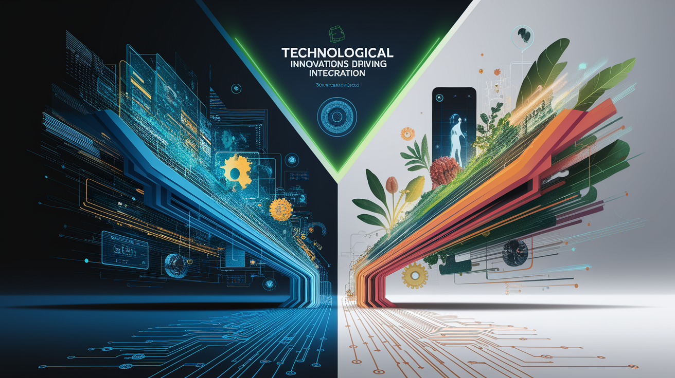A conceptual illustration representing Technological Innovations Driving Integration. Visualize the main ideas: . Creative but clear representation of the concept. Style: Visual Theme: Clean, modern aesthetic with high contrast and vibrant energy. Emphasize the intersect. high quality, detailed, professional, clean composition, good lighting, sharp focus, well-composed. high quality, professional, detailed, well-composed