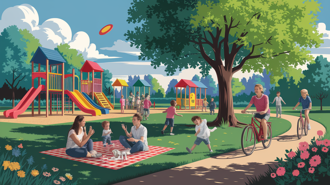 A conceptual illustration representing Parks and Playgrounds for Active Families. Visualize the main ideas: . Creative but clear representation of the concept. Style: photorealistic. high quality, detailed, professional, clean composition, good lighting, sharp focus, well-composed. high quality, professional, detailed, well-composed, no words