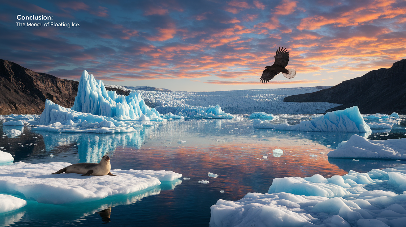 A conceptual illustration representing Conclusion: The Marvel of Floating Ice. Visualize the main ideas: . Creative but clear representation of the concept. Style: photorealistic. high quality, detailed, professional, clean composition, good lighting, sharp focus, well-composed. high quality, professional, detailed, well-composed