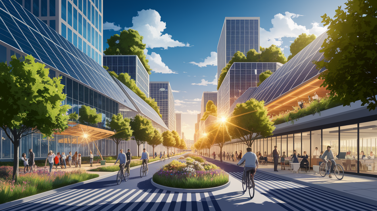 A conceptual illustration representing Benefits of Solar Integration in Urban Environments. Visualize the main ideas: . Creative but clear representation of the concept. Style: Visual Theme: Clean, modern aesthetic with high contrast and vibrant energy. Emphasize the intersect. high quality, detailed, professional, clean composition, good lighting, sharp focus, well-composed. high quality, professional, detailed, well-composed