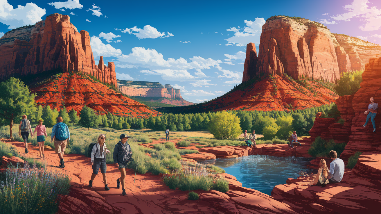 A conceptual illustration representing Outdoor Adventures in Red Rock Country. Visualize the main ideas: . Creative but clear representation of the concept. Style: photorealistic. high quality, detailed, professional, clean composition, good lighting, sharp focus, well-composed. high quality, professional, detailed, well-composed, no words