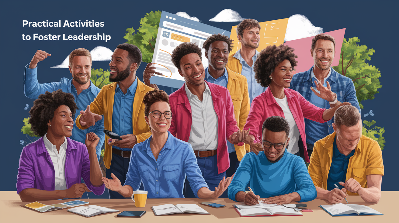 A conceptual illustration representing Practical Activities to Foster Leadership. Visualize the main ideas: . Creative but clear representation of the concept. Style: photorealistic. high quality, detailed, professional, clean composition, good lighting, sharp focus, well-composed. high quality, professional, detailed, well-composed