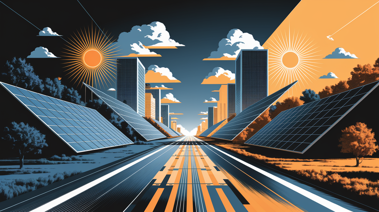 A conceptual illustration representing Challenges and Solutions in Solar Integration. Visualize the main ideas: . Creative but clear representation of the concept. Style: Visual Theme: Clean, modern aesthetic with high contrast and vibrant energy. Emphasize the intersect. high quality, detailed, professional, clean composition, good lighting, sharp focus, well-composed. high quality, professional, detailed, well-composed