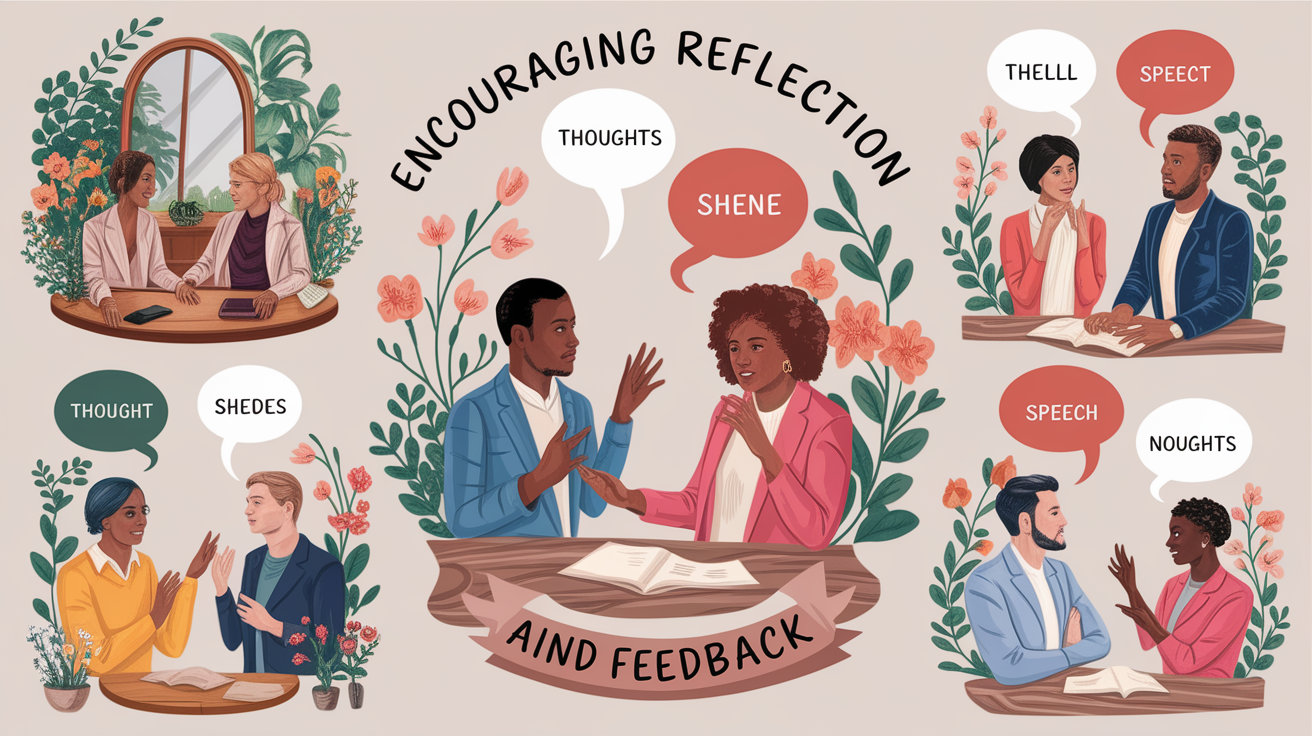 A conceptual illustration representing Encouraging Reflection and Feedback. Visualize the main ideas: . Creative but clear representation of the concept. Style: photorealistic. high quality, detailed, professional, clean composition, good lighting, sharp focus, well-composed. high quality, professional, detailed, well-composed