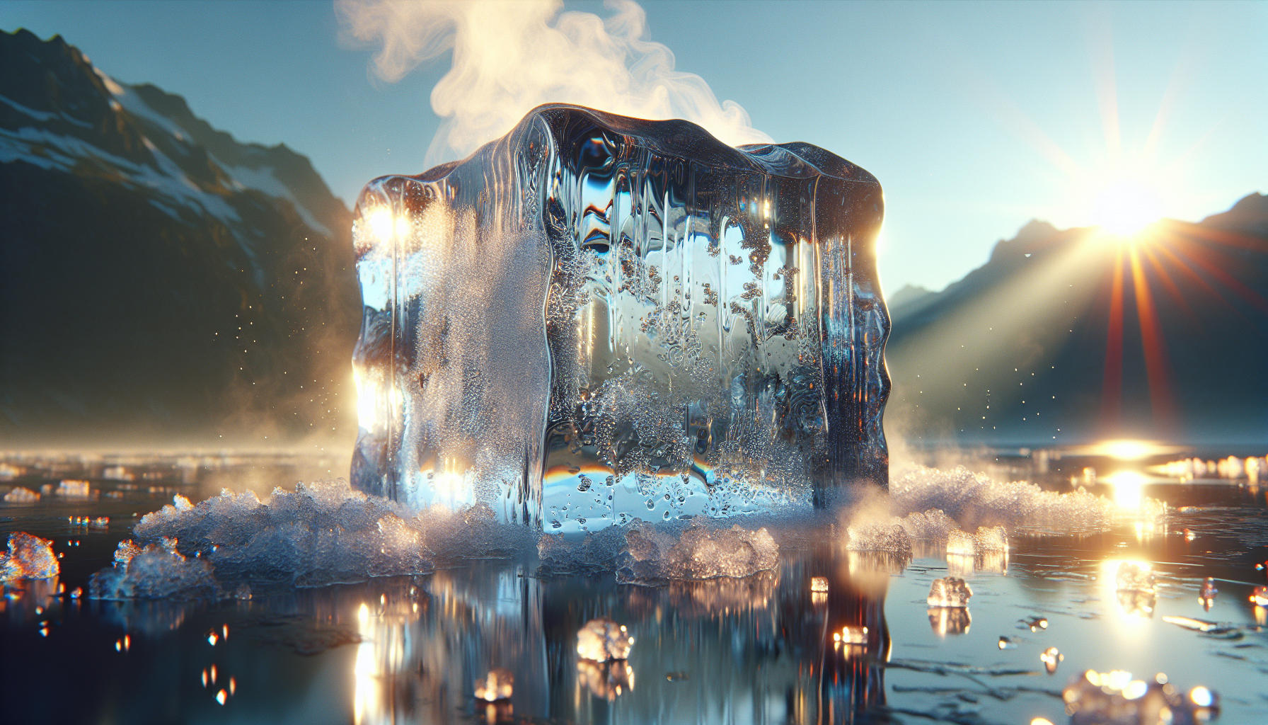 A conceptual illustration representing The Immediate Impact of Heat on Ice. Visualize the main ideas: . Creative but clear representation of the concept. Style: photorealistic. high quality, detailed, professional, clean composition, good lighting, sharp focus, well-composed. high quality, professional, detailed, well-composed