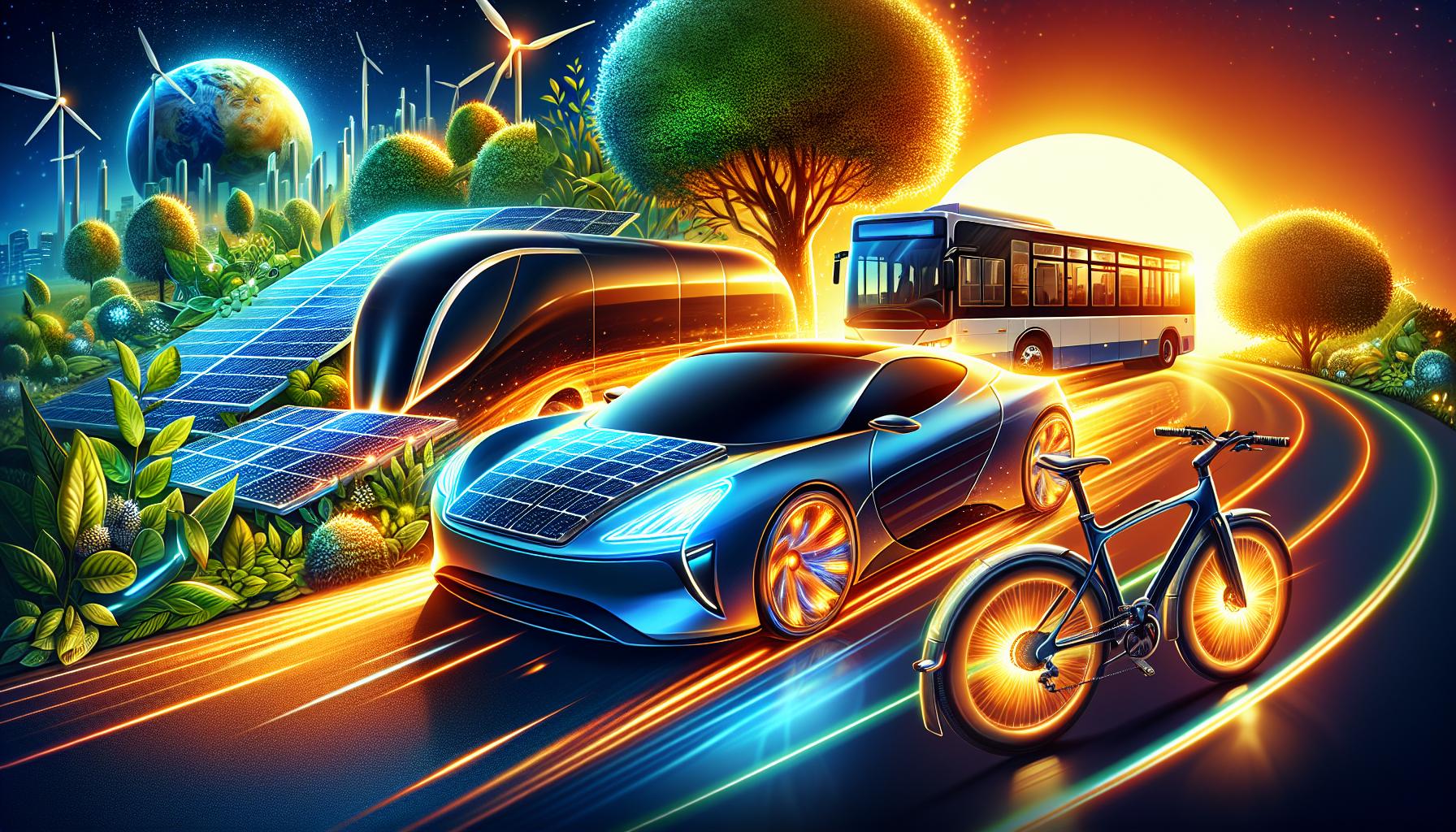 A conceptual illustration representing Types of Solar-Powered Transport. Visualize the main ideas: . Creative but clear representation of the concept. Style: Visual Theme: Clean, modern aesthetic with high contrast and vibrant energy. Emphasize the intersect. high quality, detailed, professional, clean composition, good lighting, sharp focus, well-composed. high quality, professional, detailed, well-composed