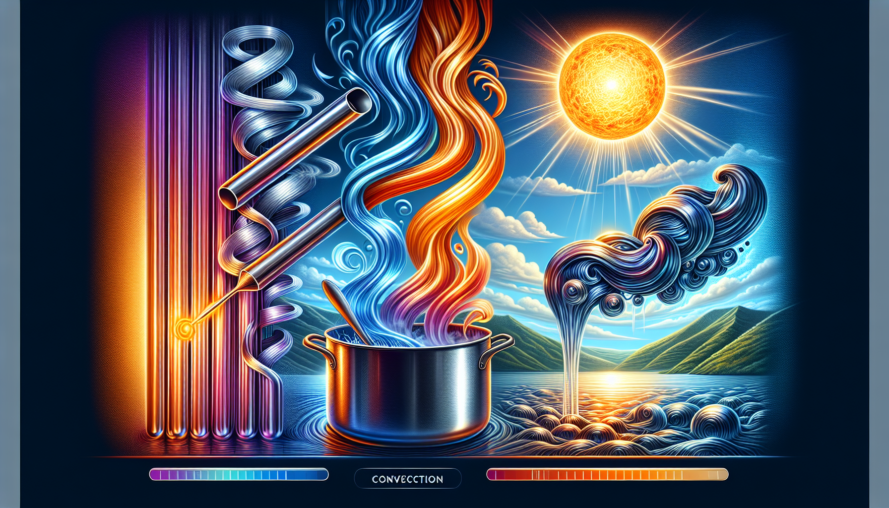 A conceptual illustration representing Heat Transfer Mechanisms. Visualize the main ideas: . Creative but clear representation of the concept. Style: photorealistic. high quality, detailed, professional, clean composition, good lighting, sharp focus, well-composed. high quality, professional, detailed, well-composed