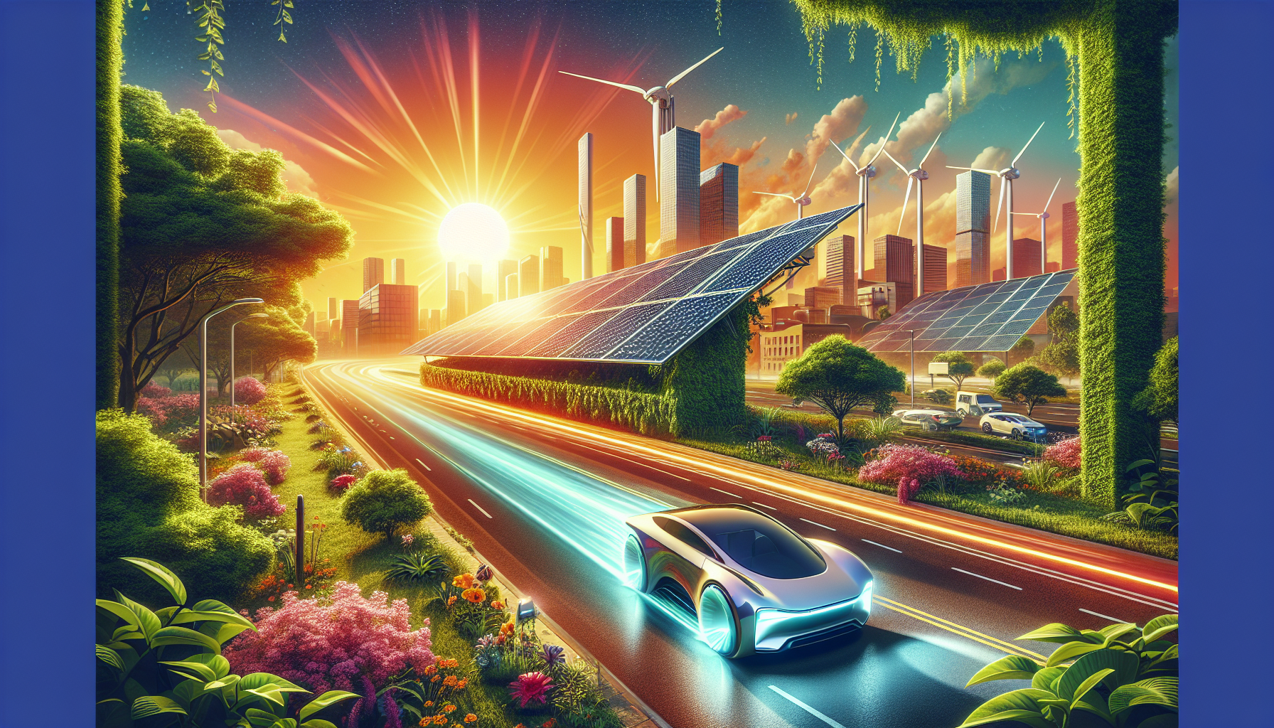 A conceptual illustration representing Benefits of Solar-Powered Transport. Visualize the main ideas: . Creative but clear representation of the concept. Style: Visual Theme: Clean, modern aesthetic with high contrast and vibrant energy. Emphasize the intersect. high quality, detailed, professional, clean composition, good lighting, sharp focus, well-composed. high quality, professional, detailed, well-composed