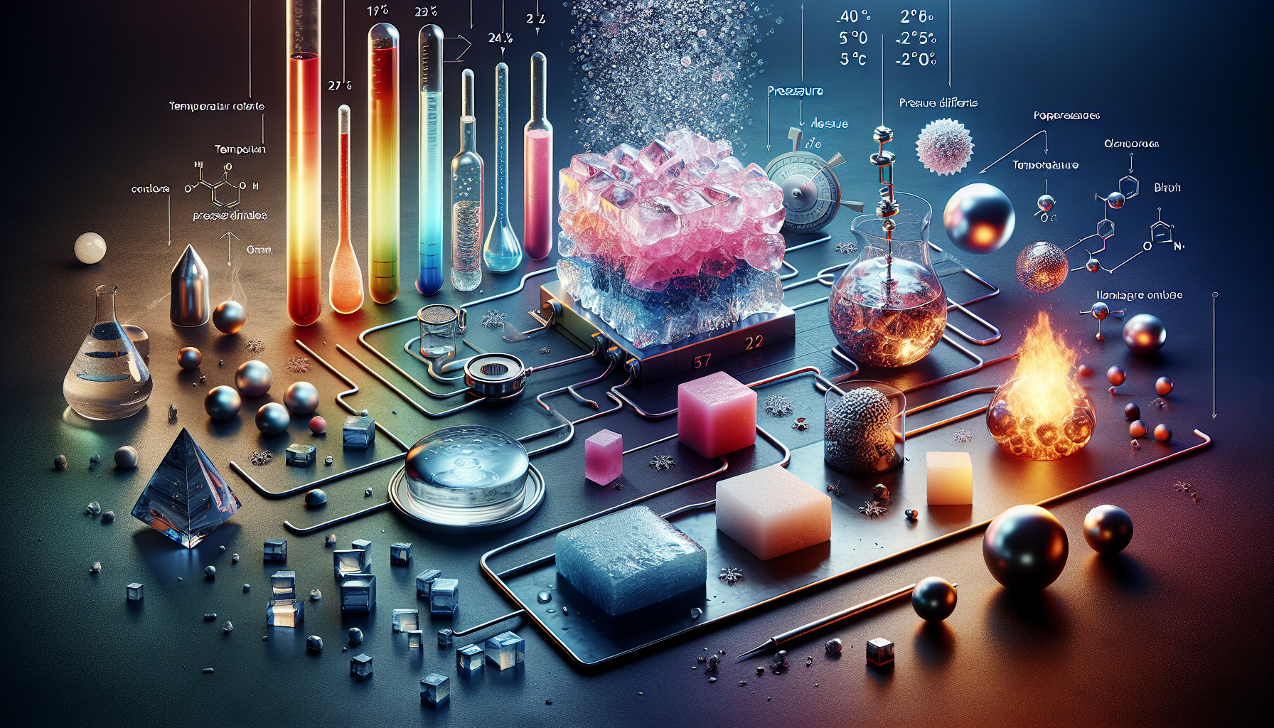 A conceptual illustration representing Factors Influencing Melting Rate. Visualize the main ideas: . Creative but clear representation of the concept. Style: photorealistic. high quality, detailed, professional, clean composition, good lighting, sharp focus, well-composed. high quality, professional, detailed, well-composed