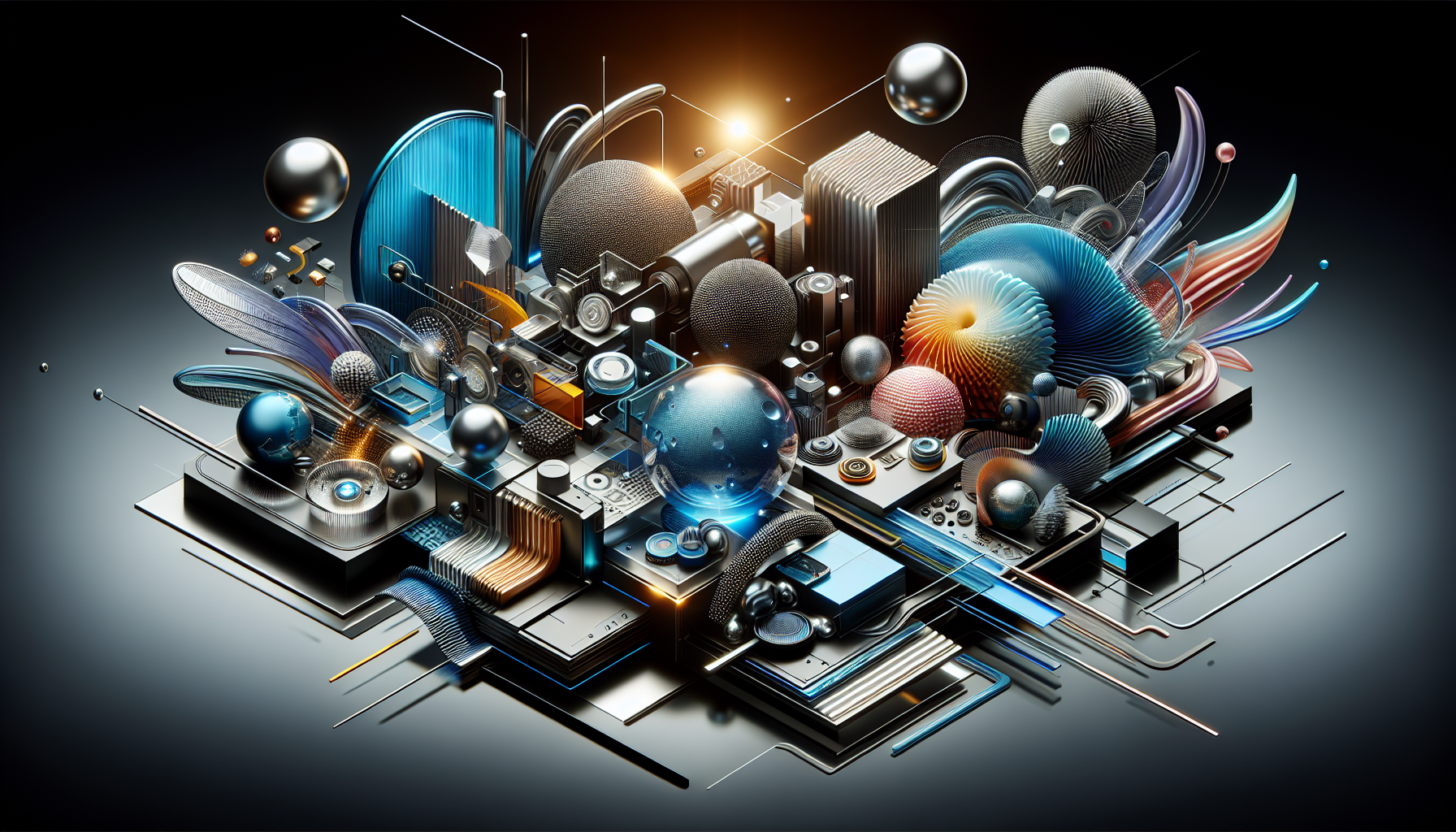 A conceptual illustration representing Cutting-Edge Materials and Designs. Visualize the main ideas: . Creative but clear representation of the concept. Style: Visual Theme: Clean, modern aesthetic with high contrast and vibrant energy. Emphasize the intersect. high quality, detailed, professional, clean composition, good lighting, sharp focus, well-composed. high quality, professional, detailed, well-composed