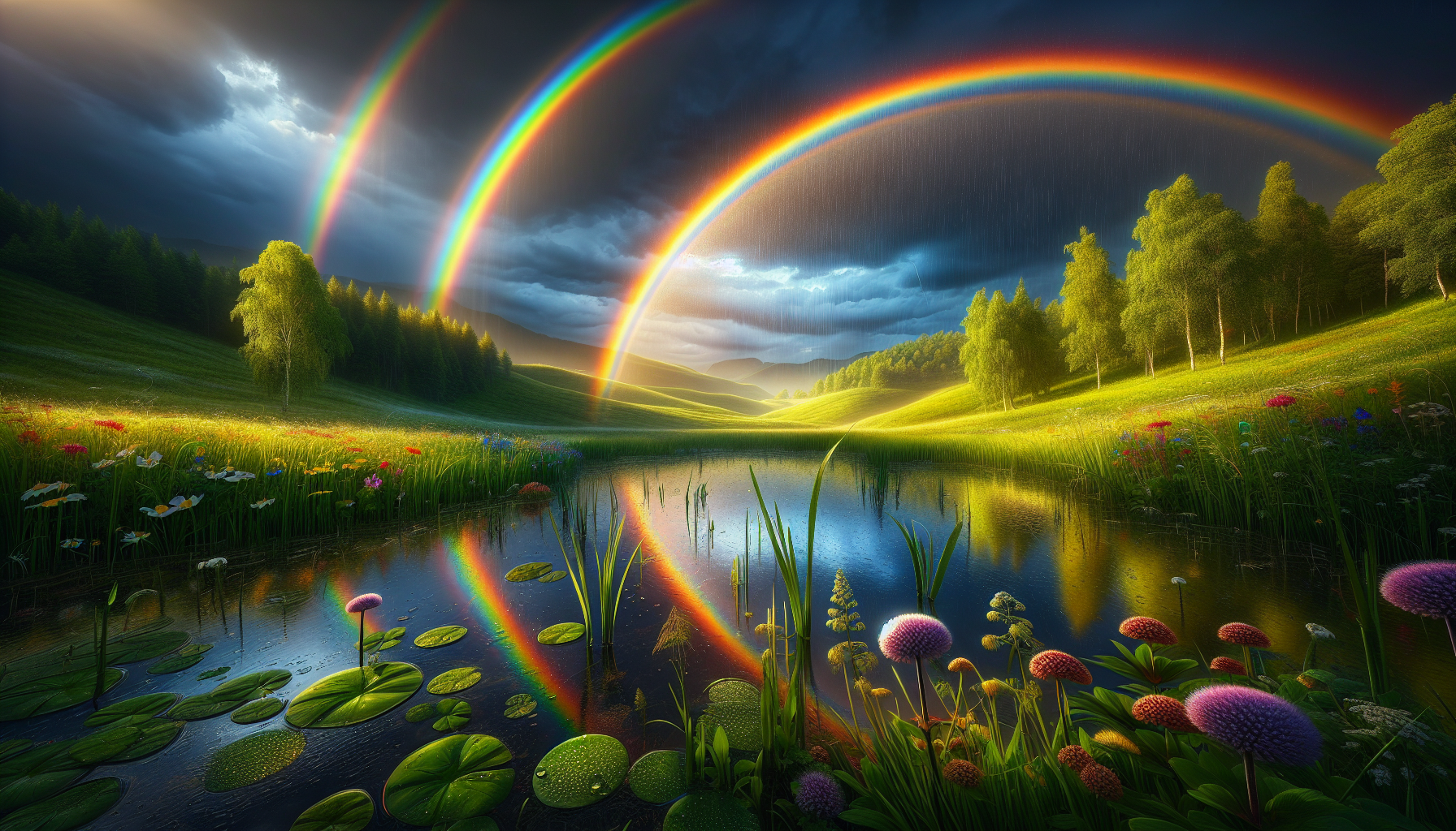 A conceptual illustration representing Viewing Conditions for Rainbows. Visualize the main ideas: . Creative but clear representation of the concept. Style: photorealistic. high quality, detailed, professional, clean composition, good lighting, sharp focus, well-composed. high quality, professional, detailed, well-composed