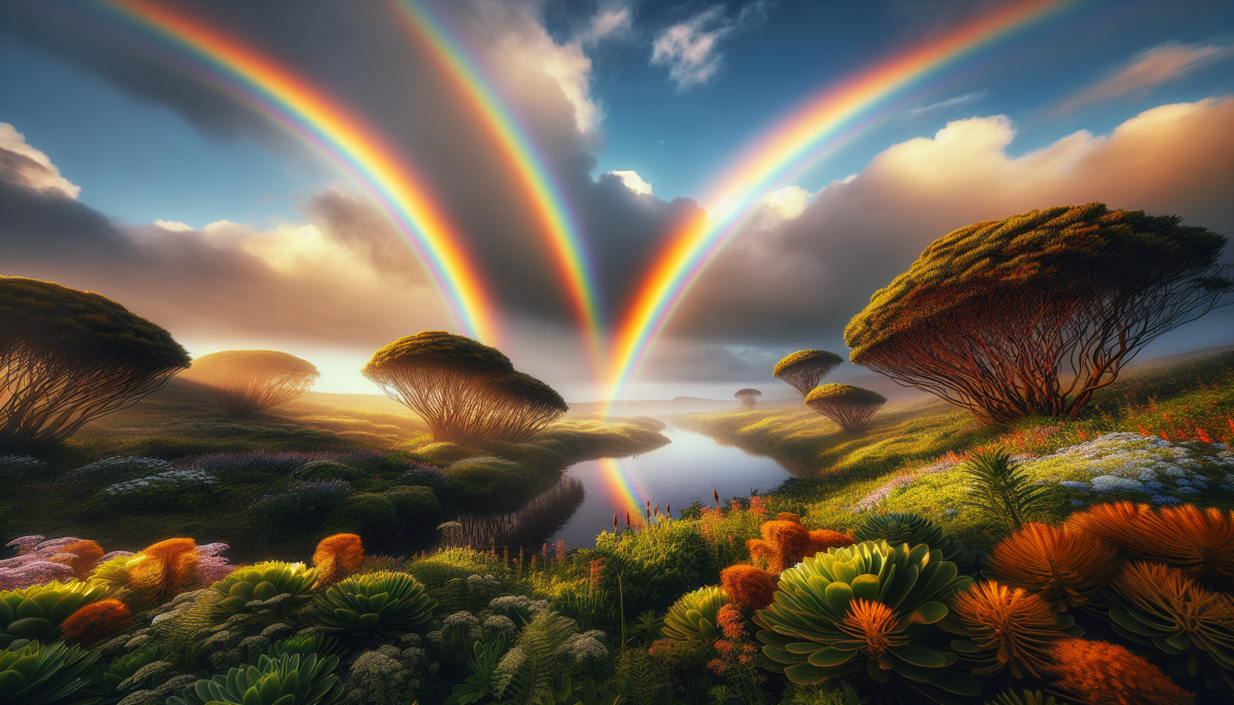 A conceptual illustration representing Variations of Rainbows. Visualize the main ideas: . Creative but clear representation of the concept. Style: photorealistic. high quality, detailed, professional, clean composition, good lighting, sharp focus, well-composed. high quality, professional, detailed, well-composed