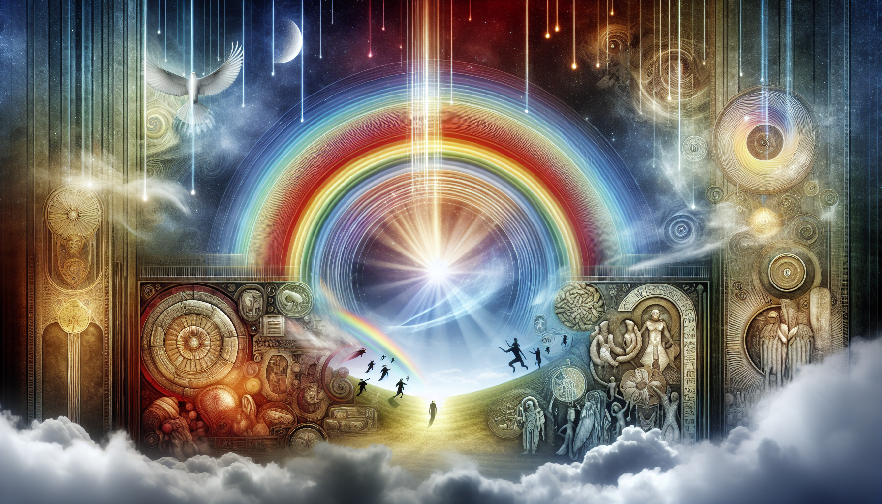 A conceptual illustration representing Historical Insights into Rainbows. Visualize the main ideas: . Creative but clear representation of the concept. Style: photorealistic. high quality, detailed, professional, clean composition, good lighting, sharp focus, well-composed. high quality, professional, detailed, well-composed