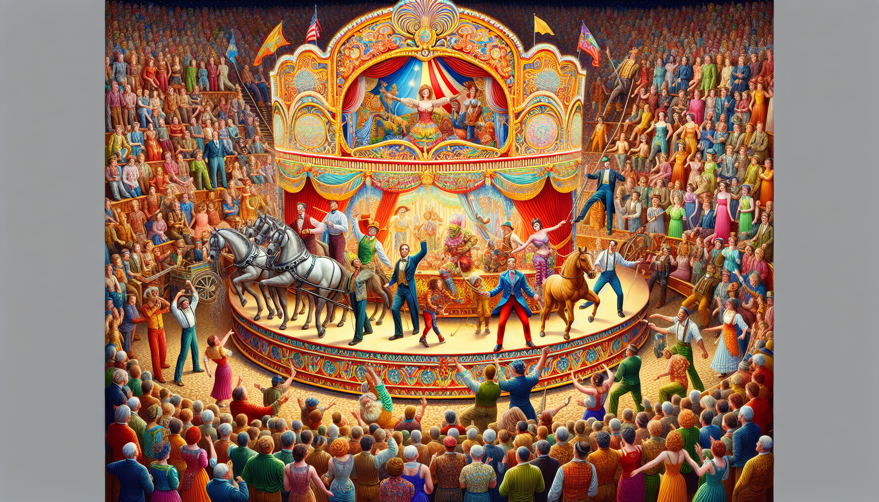 A conceptual illustration representing The Circus Origins of the Bandwagon. Visualize the main ideas: . Creative but clear representation of the concept. Style: photorealistic. high quality, detailed, professional, clean composition, good lighting, sharp focus, well-composed. high quality, professional, detailed, well-composed