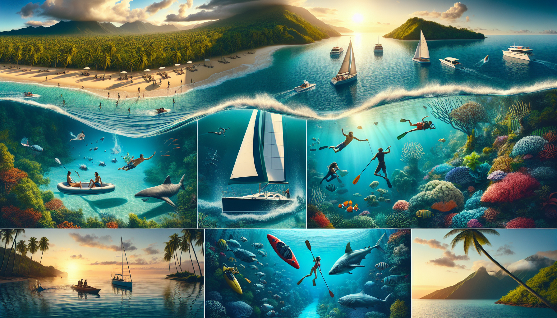 A conceptual illustration representing Top Water Activity Destinations. Visualize the main ideas: . Creative but clear representation of the concept. Style: photorealistic. high quality, detailed, professional, clean composition, good lighting, sharp focus, well-composed. high quality, professional, detailed, well-composed, no words