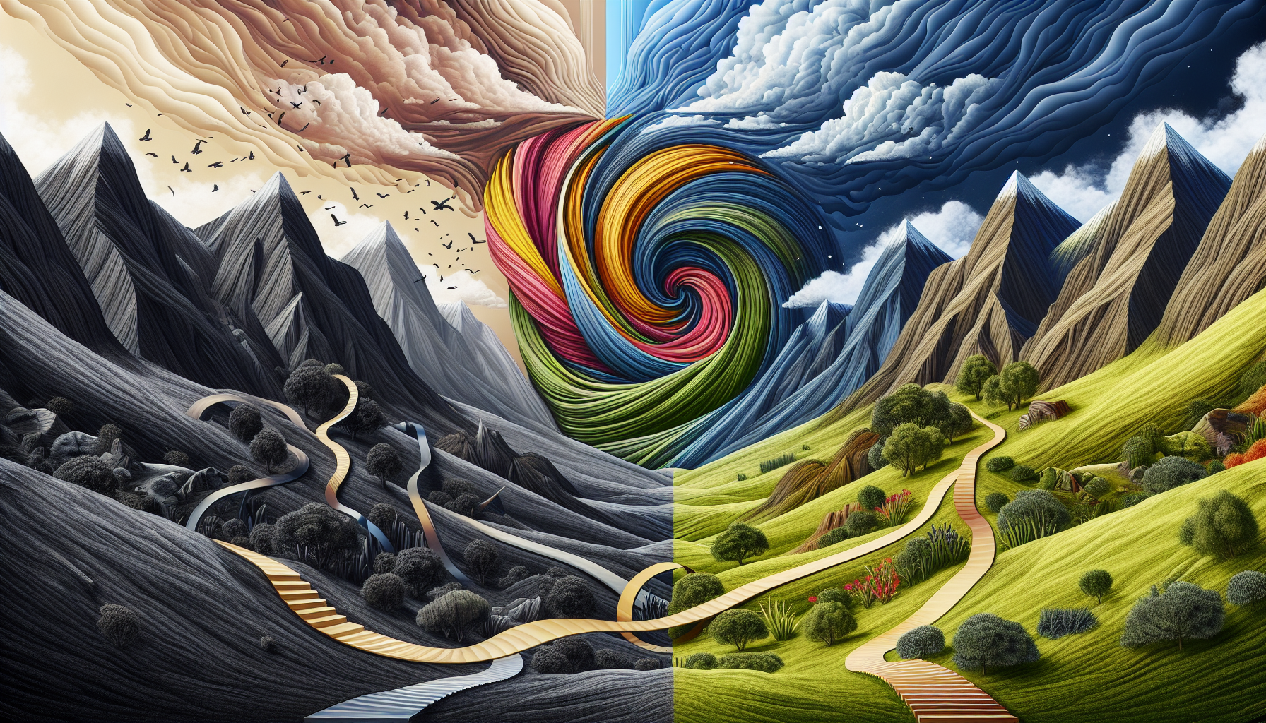 A conceptual illustration representing Challenges and Opportunities. Visualize the main ideas: . Creative but clear representation of the concept. Style: Visual Theme: Clean, modern aesthetic with high contrast and vibrant energy. Emphasize the intersect. high quality, detailed, professional, clean composition, good lighting, sharp focus, well-composed. high quality, professional, detailed, well-composed