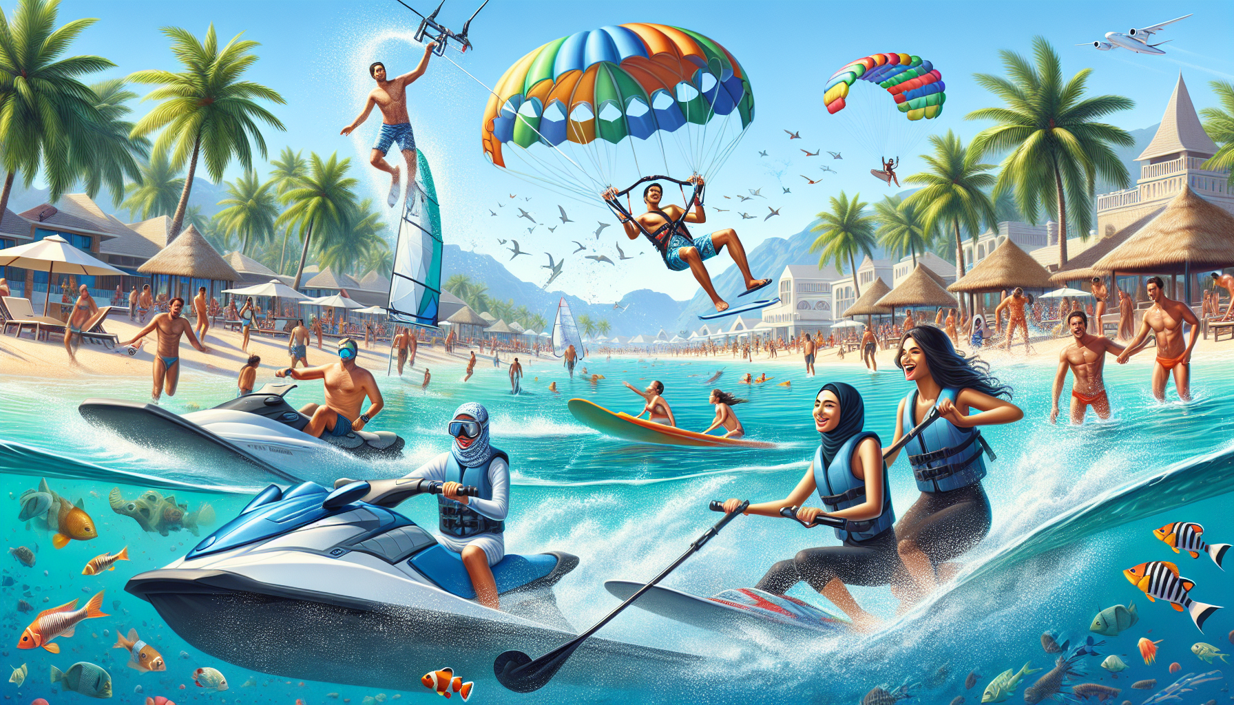 A conceptual illustration representing Exciting Water Activities to Try. Visualize the main ideas: . Creative but clear representation of the concept. Style: photorealistic. high quality, detailed, professional, clean composition, good lighting, sharp focus, well-composed. high quality, professional, detailed, well-composed, no words