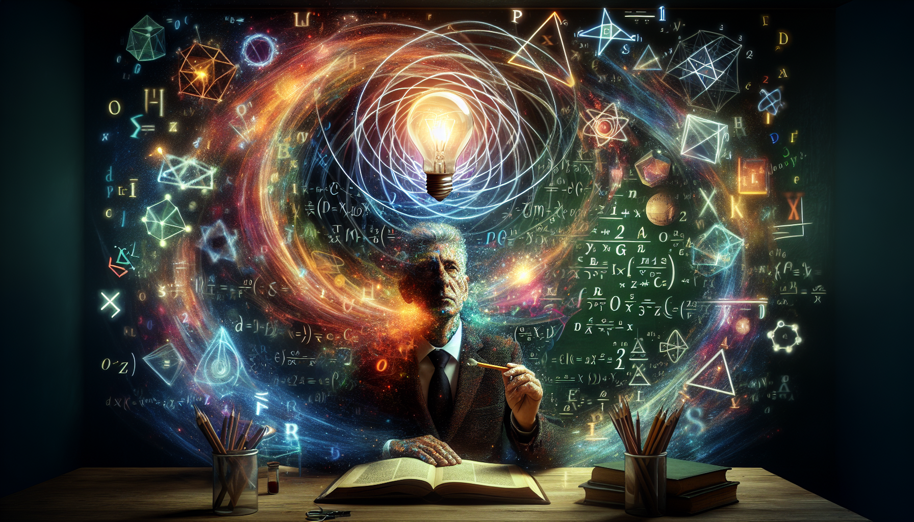 A conceptual illustration representing The Power of Critical Thinking in Mathematics. Visualize the main ideas: . Creative but clear representation of the concept. Style: photorealistic. high quality, detailed, professional, clean composition, good lighting, sharp focus, well-composed. high quality, professional, detailed, well-composed
