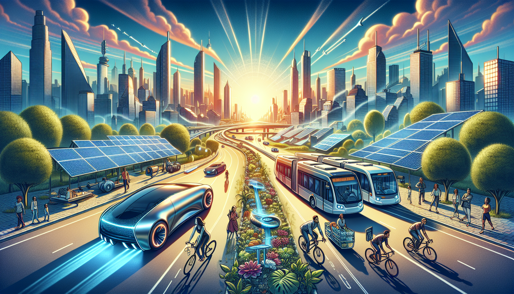 A conceptual illustration representing The Future is Bright: Solar Integration in Transportation. Visualize the main ideas: . Creative but clear representation of the concept. Style: Visual Theme: Clean, modern aesthetic with high contrast and vibrant energy. Emphasize the intersect. high quality, detailed, professional, clean composition, good lighting, sharp focus, well-composed. high quality, professional, detailed, well-composed