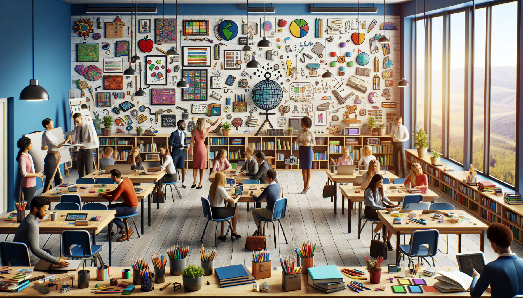 A conceptual illustration representing Tools and Resources for Educators. Visualize the main ideas: . Creative but clear representation of the concept. Style: photorealistic. high quality, detailed, professional, clean composition, good lighting, sharp focus, well-composed. high quality, professional, detailed, well-composed