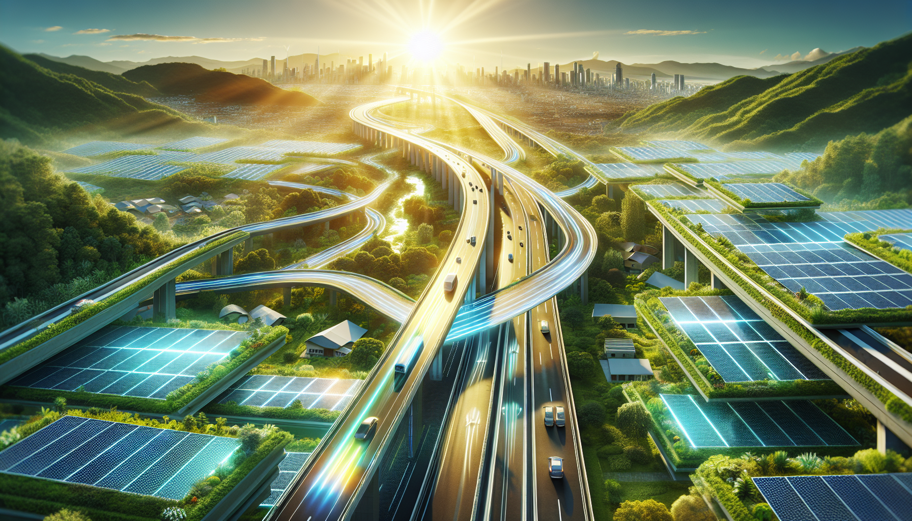 A conceptual illustration representing Solar Highways: Paving the Way. Visualize the main ideas: . Creative but clear representation of the concept. Style: Visual Theme: Clean, modern aesthetic with high contrast and vibrant energy. Emphasize the intersect. high quality, detailed, professional, clean composition, good lighting, sharp focus, well-composed. high quality, professional, detailed, well-composed