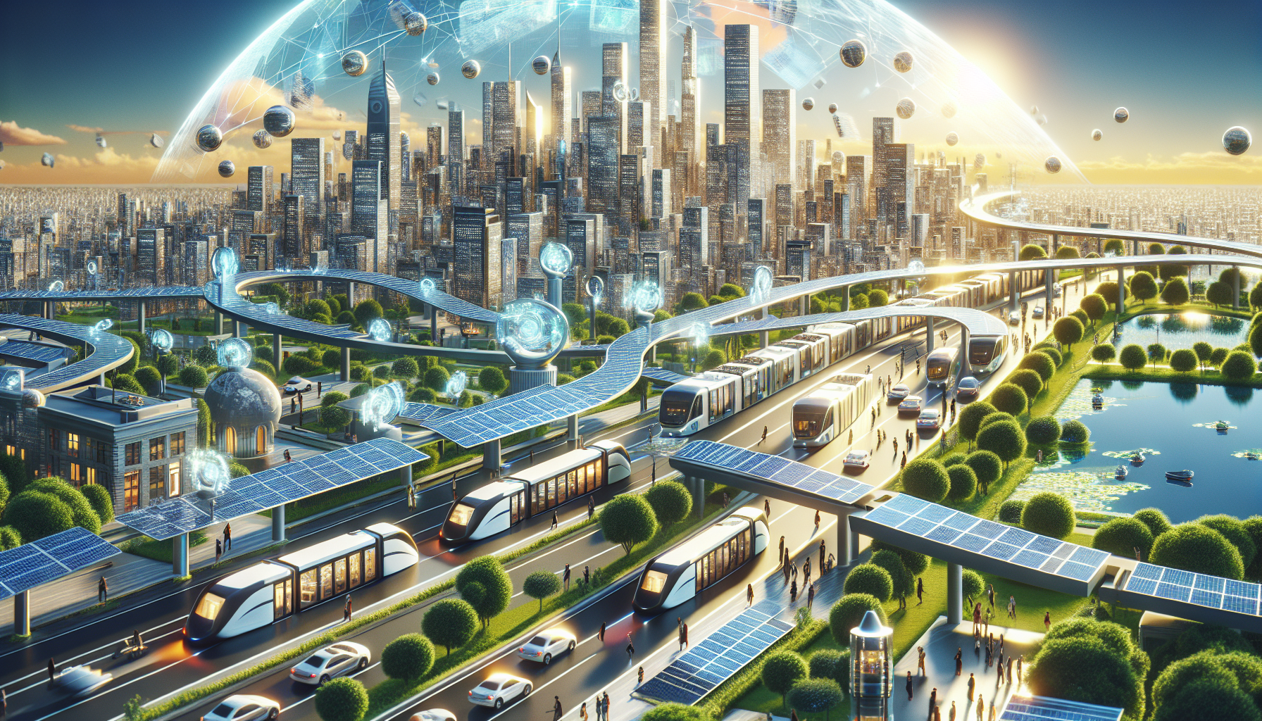 A conceptual illustration representing Solar-Powered Public Transport. Visualize the main ideas: . Creative but clear representation of the concept. Style: Visual Theme: Clean, modern aesthetic with high contrast and vibrant energy. Emphasize the intersect. high quality, detailed, professional, clean composition, good lighting, sharp focus, well-composed. high quality, professional, detailed, well-composed