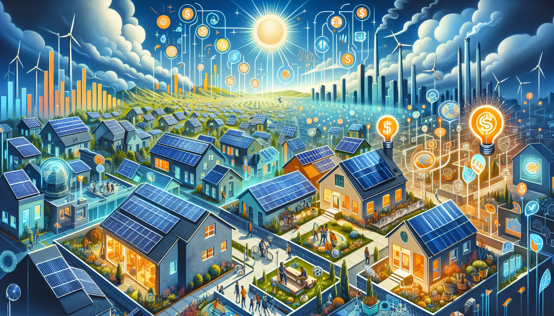 A conceptual illustration representing The Immediate Economic Benefits of Community Solar. Visualize the main ideas: . Creative but clear representation of the concept. Style: Visual Theme: Clean, modern aesthetic with high contrast and vibrant energy. Emphasize the intersect. high quality, detailed, professional, clean composition, good lighting, sharp focus, well-composed. high quality, professional, detailed, well-composed