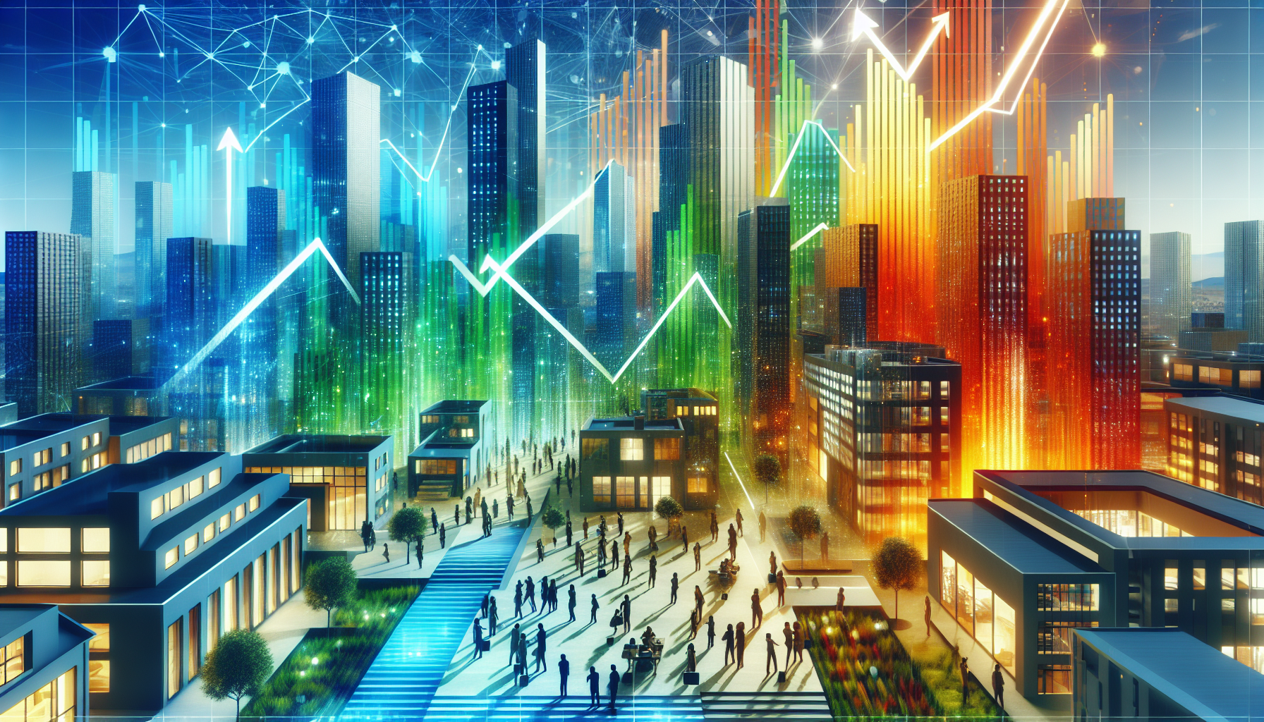 A conceptual illustration representing Long-term Economic Growth and Stability. Visualize the main ideas: . Creative but clear representation of the concept. Style: Visual Theme: Clean, modern aesthetic with high contrast and vibrant energy. Emphasize the intersect. high quality, detailed, professional, clean composition, good lighting, sharp focus, well-composed. high quality, professional, detailed, well-composed