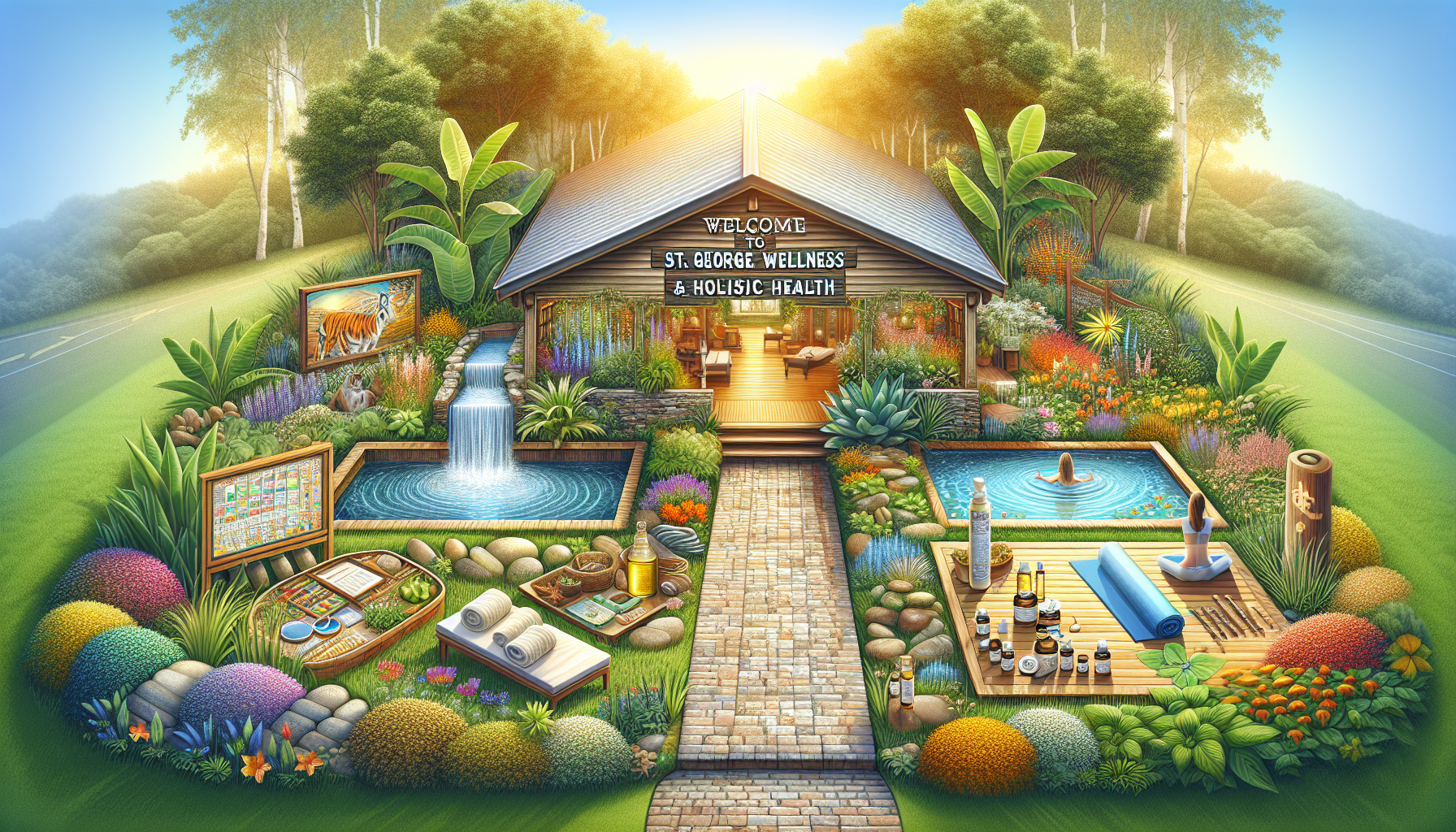 A conceptual illustration representing Welcome to St. George Wellness and Holistic Health. Visualize the main ideas: . Creative but clear representation of the concept. Style: photorealistic. high quality, detailed, professional, clean composition, good lighting, sharp focus, well-composed. high quality, professional, detailed, well-composed, no words
