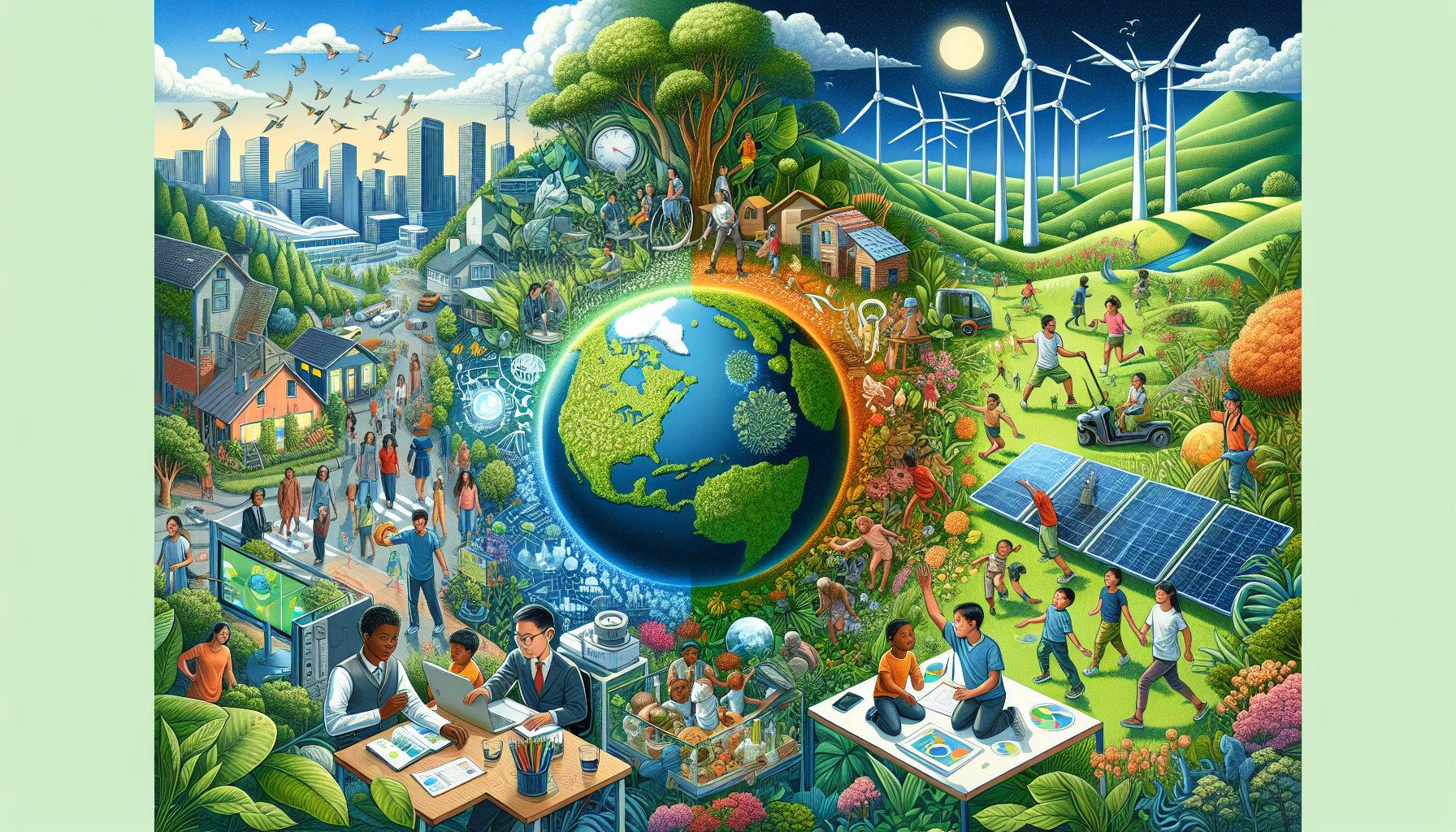 A conceptual illustration representing Social and Environmental Impact. Visualize the main ideas: . Creative but clear representation of the concept. Style: Visual Theme: Clean, modern aesthetic with high contrast and vibrant energy. Emphasize the intersect. high quality, detailed, professional, clean composition, good lighting, sharp focus, well-composed. high quality, professional, detailed, well-composed