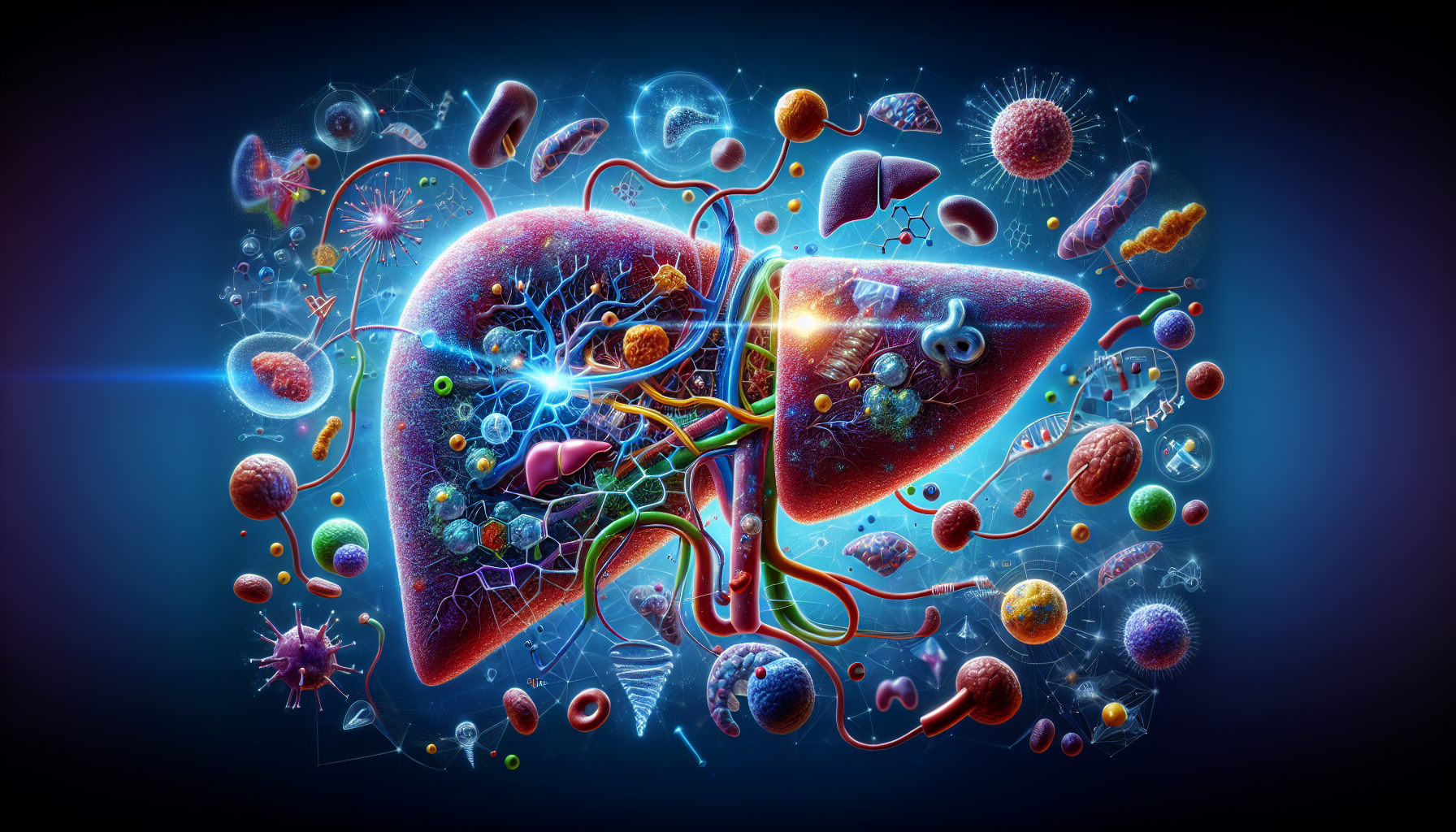 A conceptual illustration representing Metabolism in the Liver. Visualize the main ideas: . Creative but clear representation of the concept. Style: photorealistic. high quality, detailed, professional, clean composition, good lighting, sharp focus, well-composed. high quality, professional, detailed, well-composed