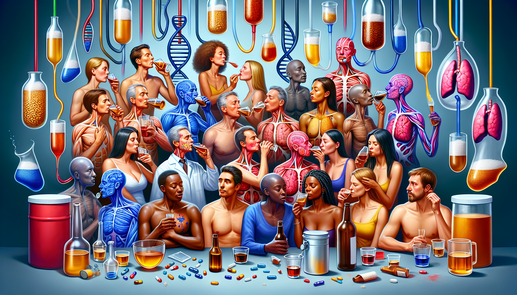 A conceptual illustration representing Individual Differences in Alcohol Processing. Visualize the main ideas: . Creative but clear representation of the concept. Style: photorealistic. high quality, detailed, professional, clean composition, good lighting, sharp focus, well-composed. high quality, professional, detailed, well-composed