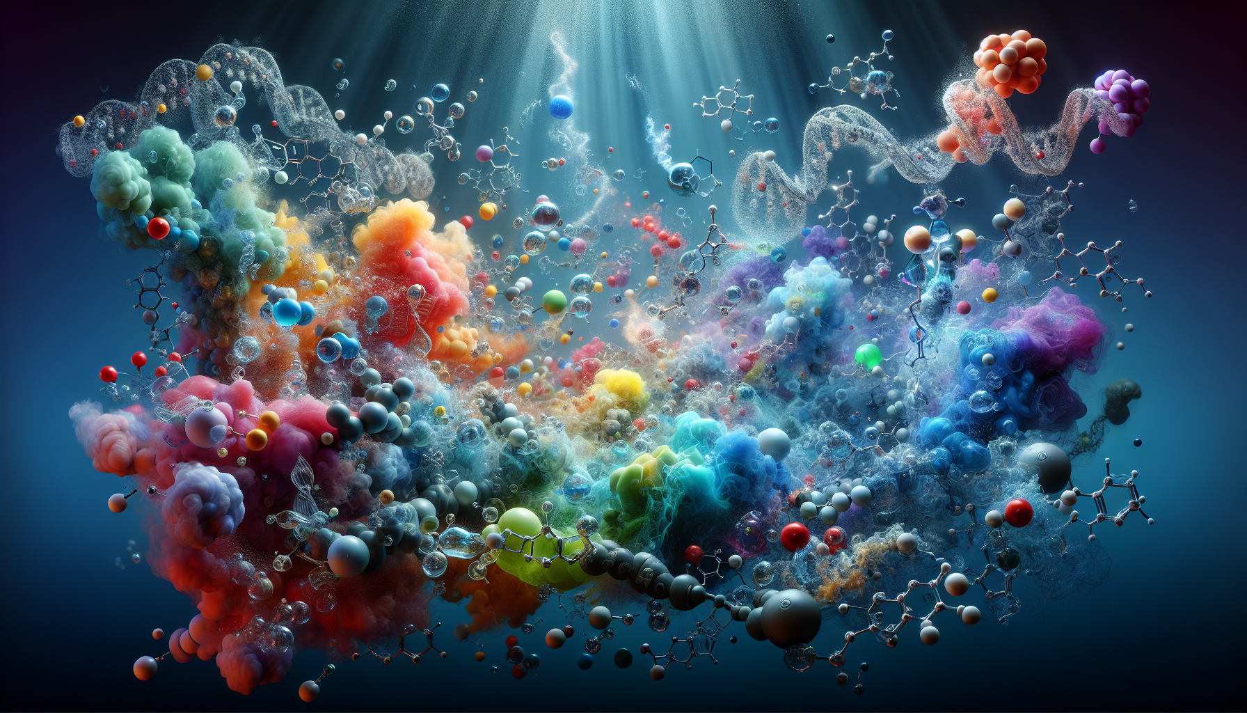 A conceptual illustration representing Biochemical Reactions - The Aqueous Medium. Visualize the main ideas: . Creative but clear representation of the concept. Style: photorealistic. high quality, detailed, professional, clean composition, good lighting, sharp focus, well-composed. high quality, professional, detailed, well-composed