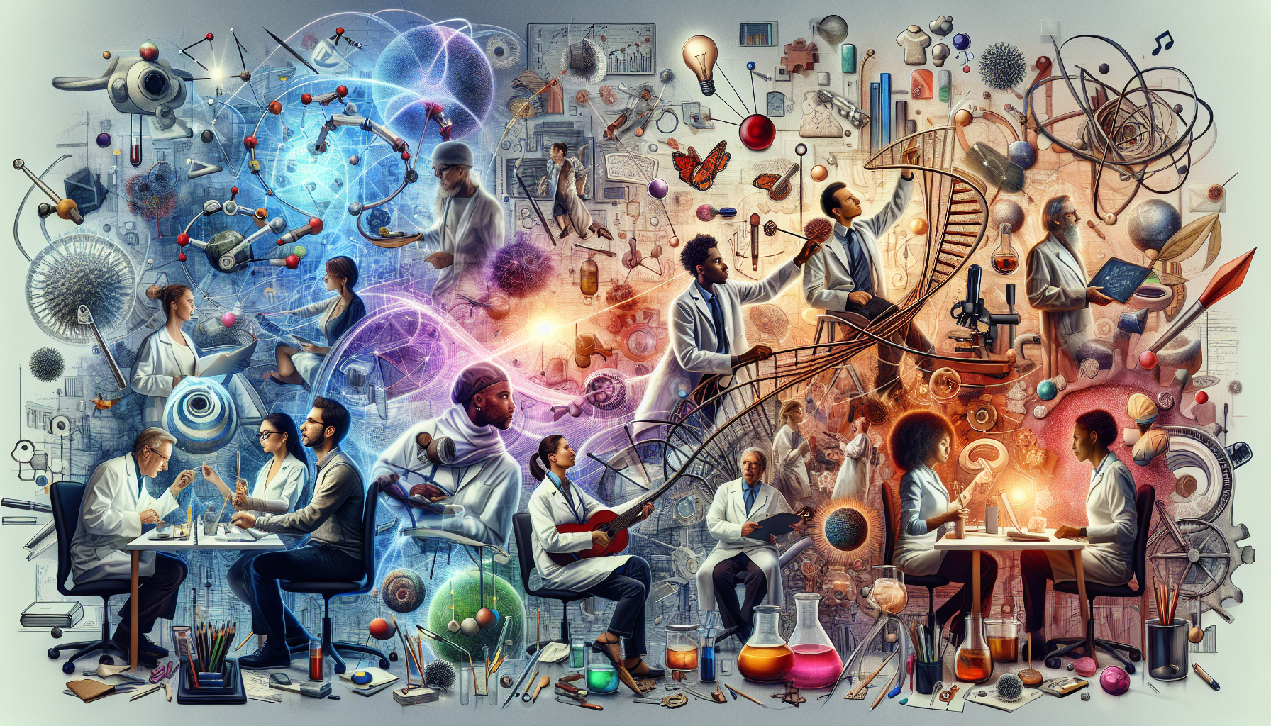 A conceptual illustration representing Key Benefits of Interdisciplinary Approaches. Visualize the main ideas: . Creative but clear representation of the concept. Style: photorealistic. high quality, detailed, professional, clean composition, good lighting, sharp focus, well-composed. high quality, professional, detailed, well-composed