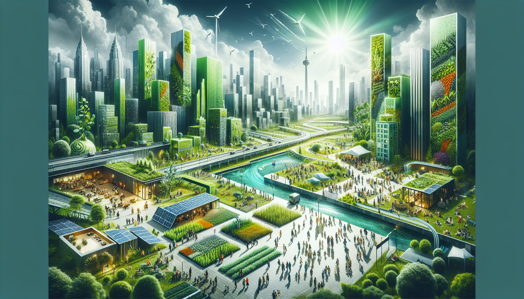 A conceptual illustration representing The Green Revolution in Urban Design. Visualize the main ideas: . Creative but clear representation of the concept. Style: Visual Theme: Clean, modern aesthetic with high contrast and vibrant energy. Emphasize the intersect. high quality, detailed, professional, clean composition, good lighting, sharp focus, well-composed. high quality, professional, detailed, well-composed