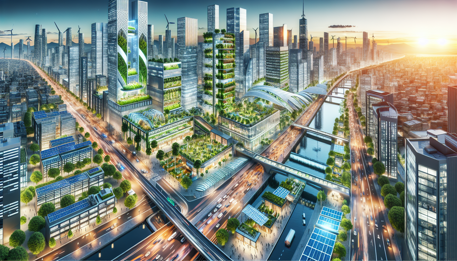 A conceptual illustration representing Innovative Approaches to Urban Sustainability. Visualize the main ideas: . Creative but clear representation of the concept. Style: Visual Theme: Clean, modern aesthetic with high contrast and vibrant energy. Emphasize the intersect. high quality, detailed, professional, clean composition, good lighting, sharp focus, well-composed. high quality, professional, detailed, well-composed