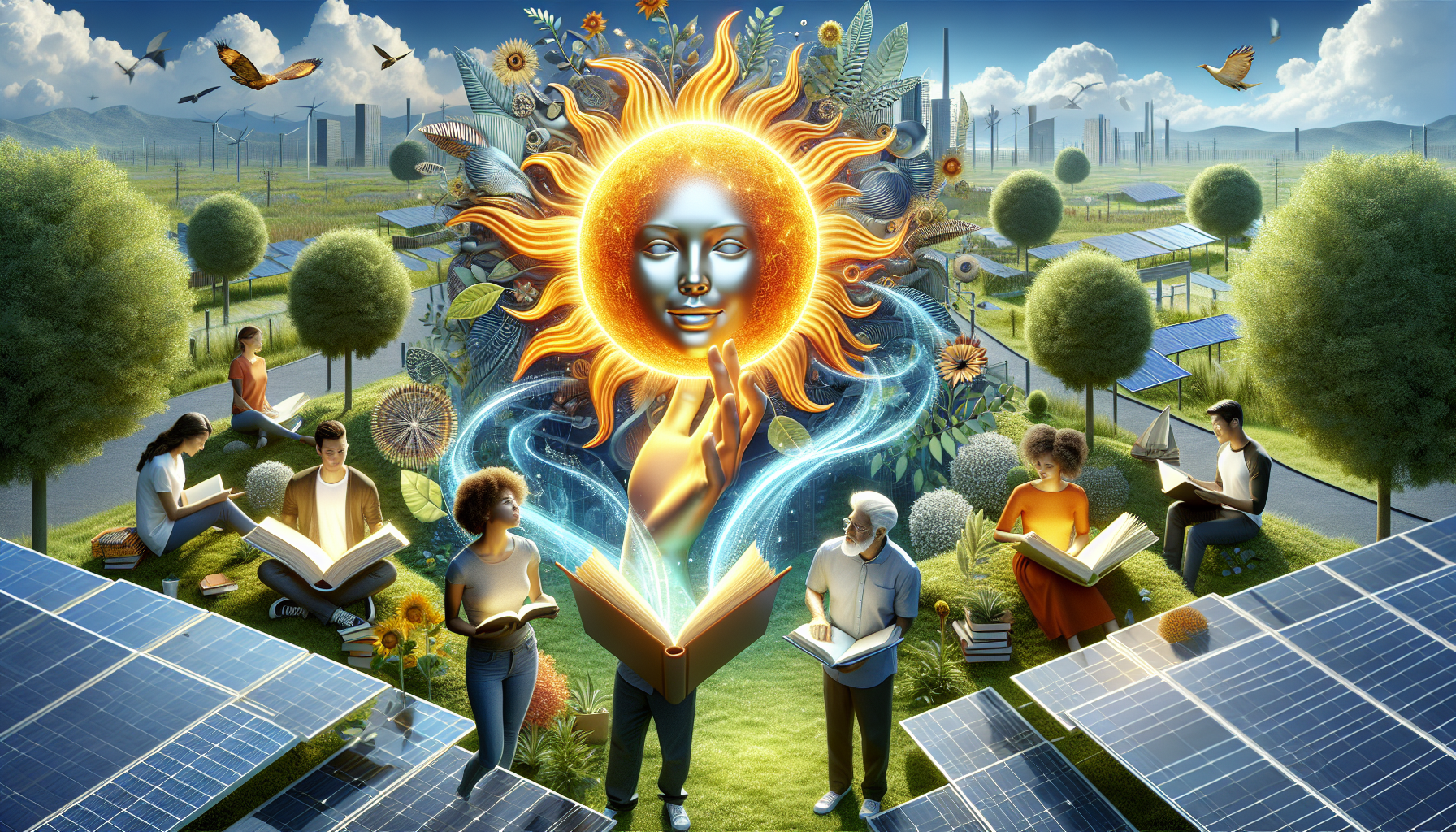 A conceptual illustration representing Illuminating Minds with Solar Education. Visualize the main ideas: . Creative but clear representation of the concept. Style: Visual Theme: Clean, modern aesthetic with high contrast and vibrant energy. Emphasize the intersect. high quality, detailed, professional, clean composition, good lighting, sharp focus, well-composed. high quality, professional, detailed, well-composed