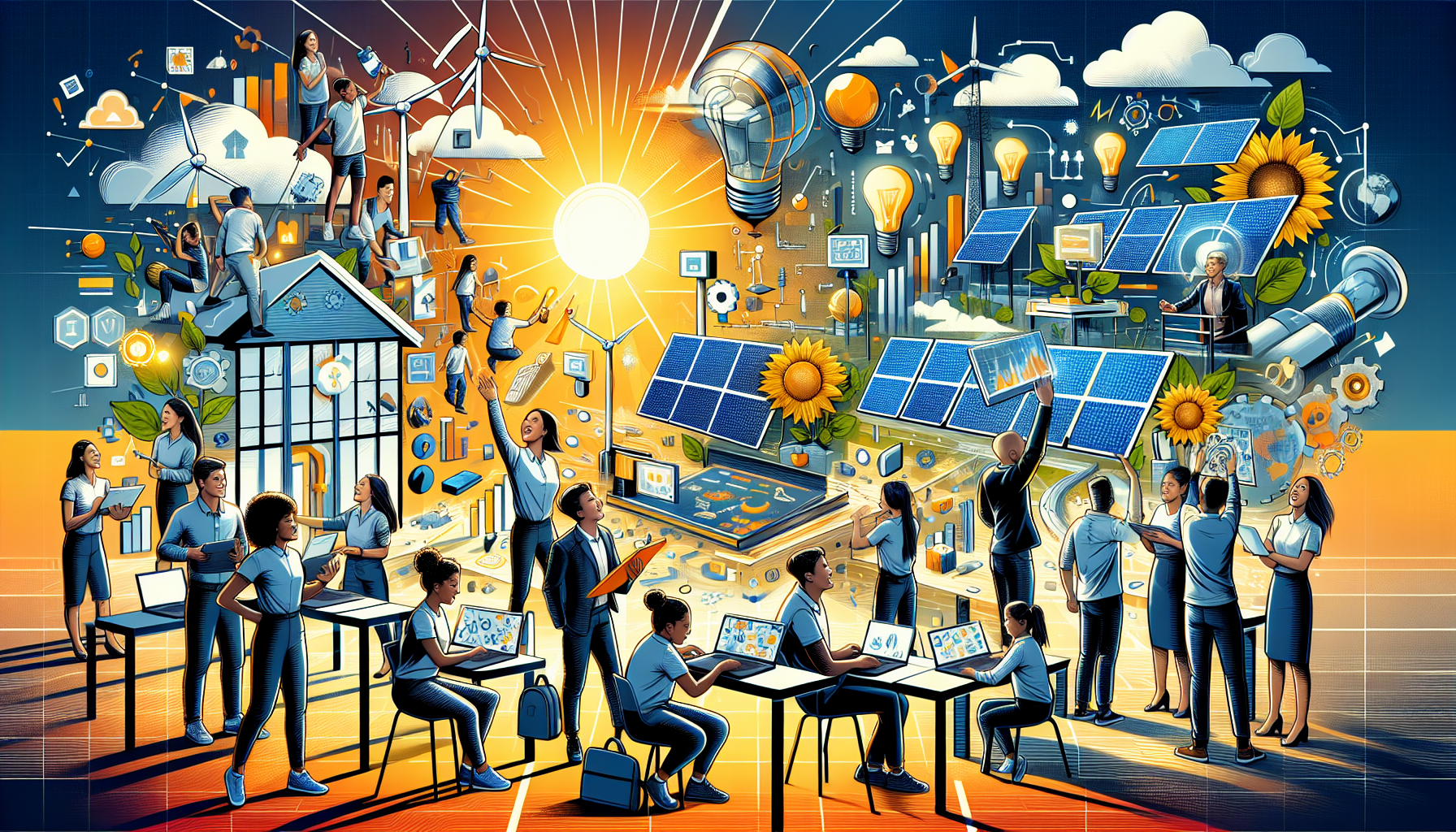 A conceptual illustration representing Training the Next Generation of Solar Experts. Visualize the main ideas: . Creative but clear representation of the concept. Style: Visual Theme: Clean, modern aesthetic with high contrast and vibrant energy. Emphasize the intersect. high quality, detailed, professional, clean composition, good lighting, sharp focus, well-composed. high quality, professional, detailed, well-composed
