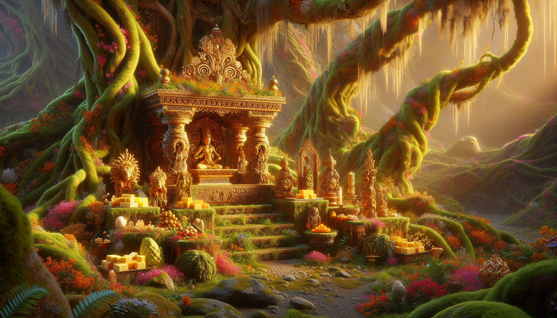 A conceptual illustration representing Ancient Roots: Buttering Up the Gods. Visualize the main ideas: . Creative but clear representation of the concept. Style: photorealistic. high quality, detailed, professional, clean composition, good lighting, sharp focus, well-composed. high quality, professional, detailed, well-composed