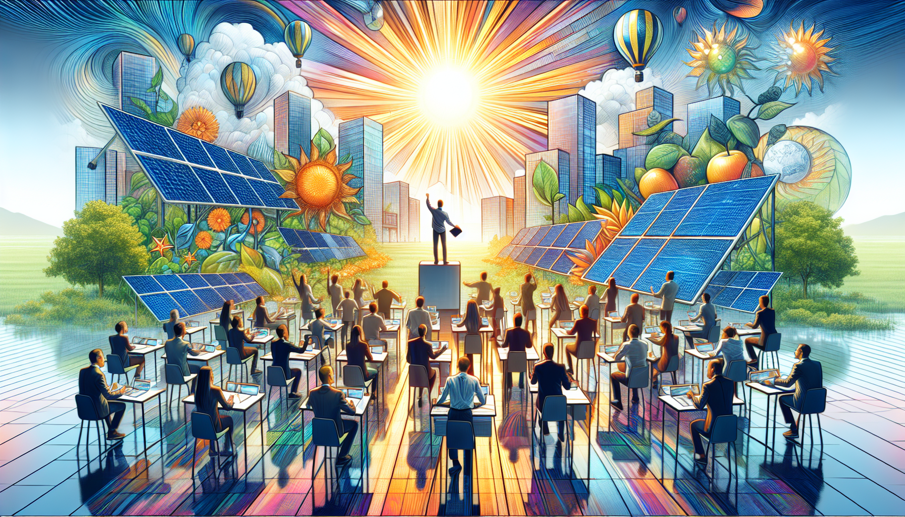 A conceptual illustration representing Empowering Educators with Solar Resources. Visualize the main ideas: . Creative but clear representation of the concept. Style: Visual Theme: Clean, modern aesthetic with high contrast and vibrant energy. Emphasize the intersect. high quality, detailed, professional, clean composition, good lighting, sharp focus, well-composed. high quality, professional, detailed, well-composed