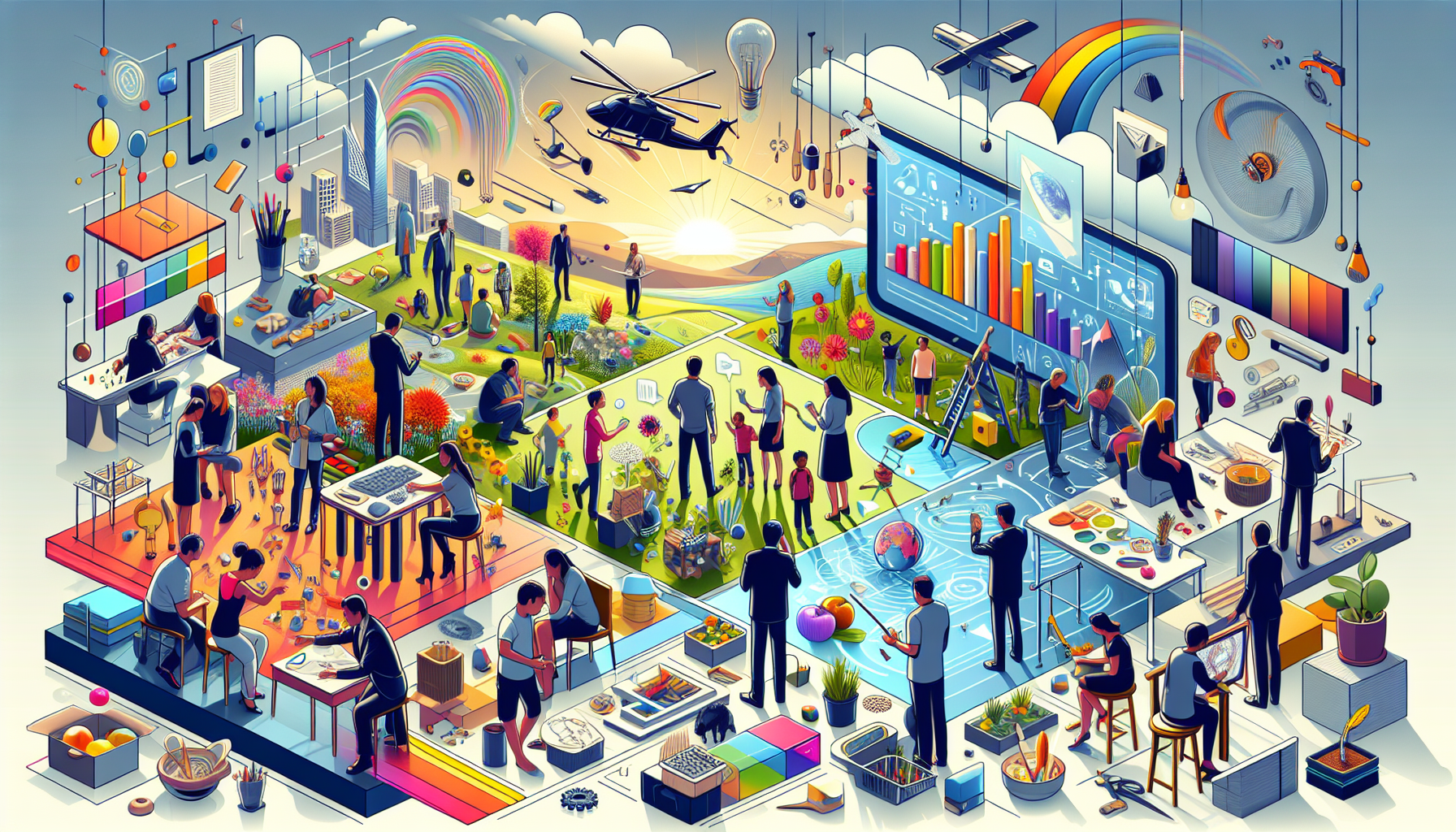 A conceptual illustration representing Real-world Applications and Hands-on Learning. Visualize the main ideas: . Creative but clear representation of the concept. Style: Visual Theme: Clean, modern aesthetic with high contrast and vibrant energy. Emphasize the intersect. high quality, detailed, professional, clean composition, good lighting, sharp focus, well-composed. high quality, professional, detailed, well-composed