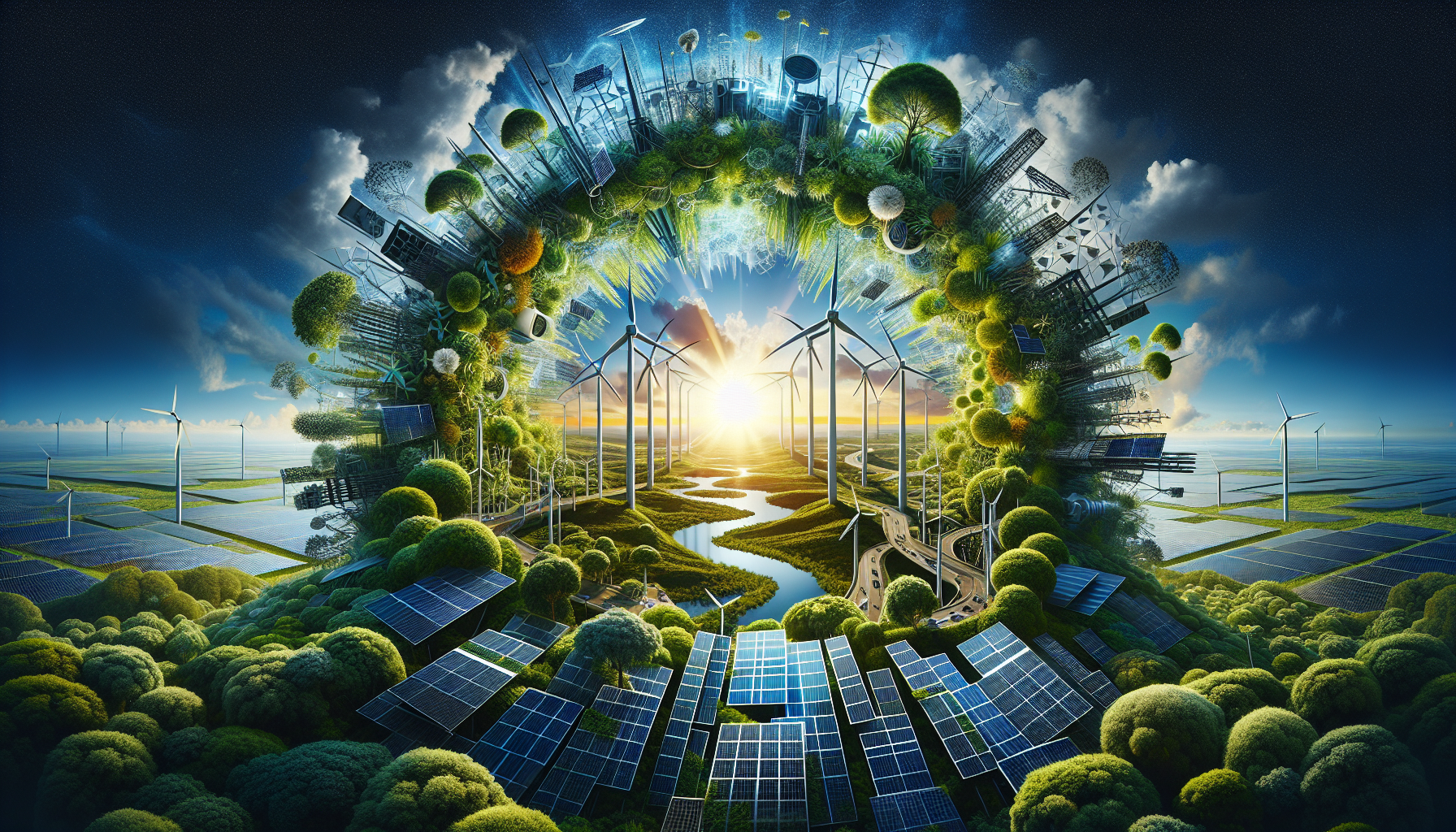 A conceptual illustration representing The Essence of Sustainable Solar Manufacturing. Visualize the main ideas: . Creative but clear representation of the concept. Style: Visual Theme: Clean, modern aesthetic with high contrast and vibrant energy. Emphasize the intersect. high quality, detailed, professional, clean composition, good lighting, sharp focus, well-composed. high quality, professional, detailed, well-composed